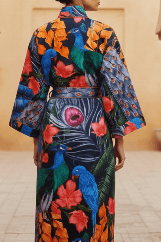Woman shown from back wearing the Lunar Bloom silk-cotton robe featuring peacock, parrot and feathers print, full length, styled in a neutral background. Long length.